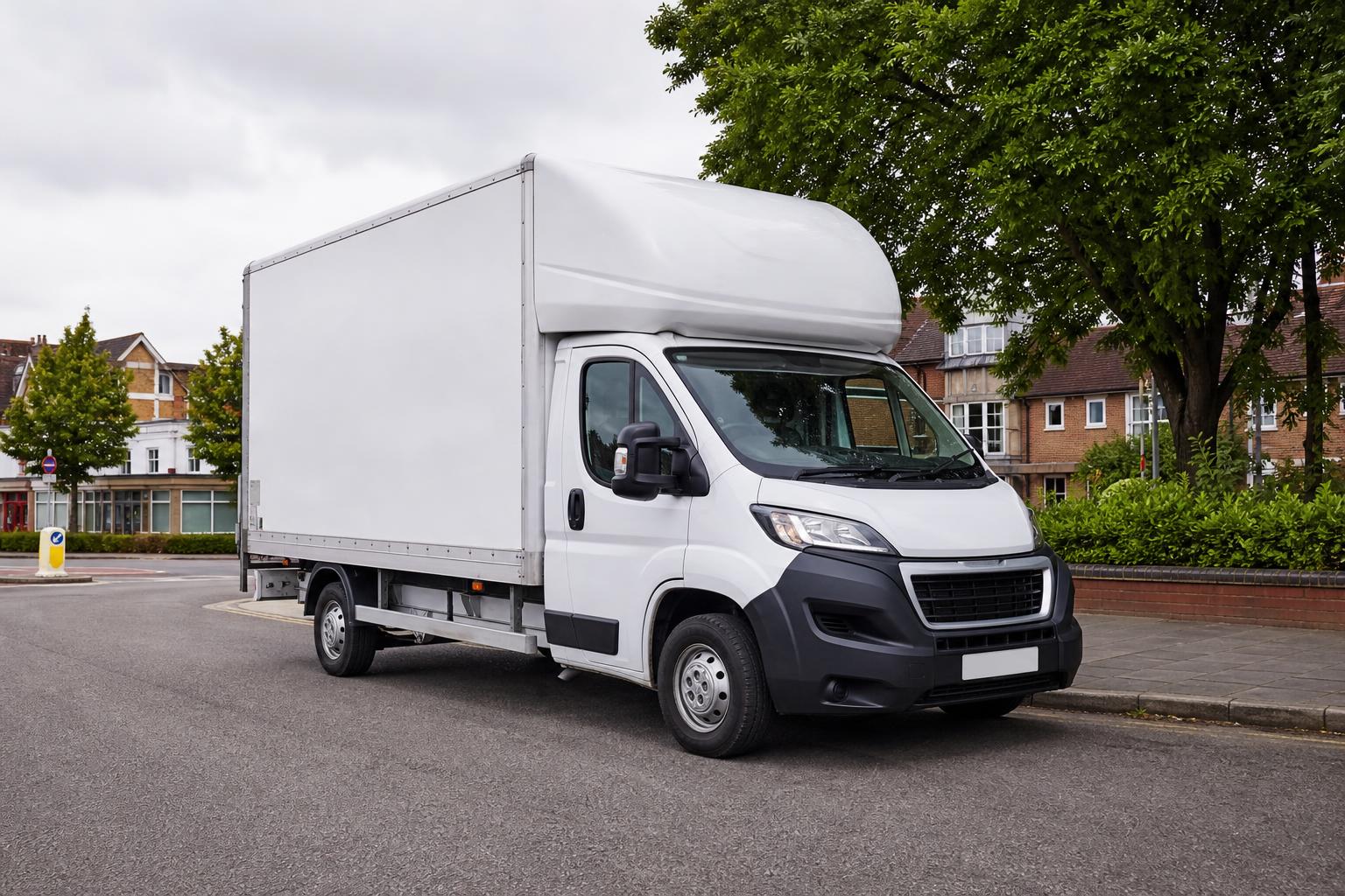 White Luton hire van parked on a tidy road in a Horley-style suburban setting