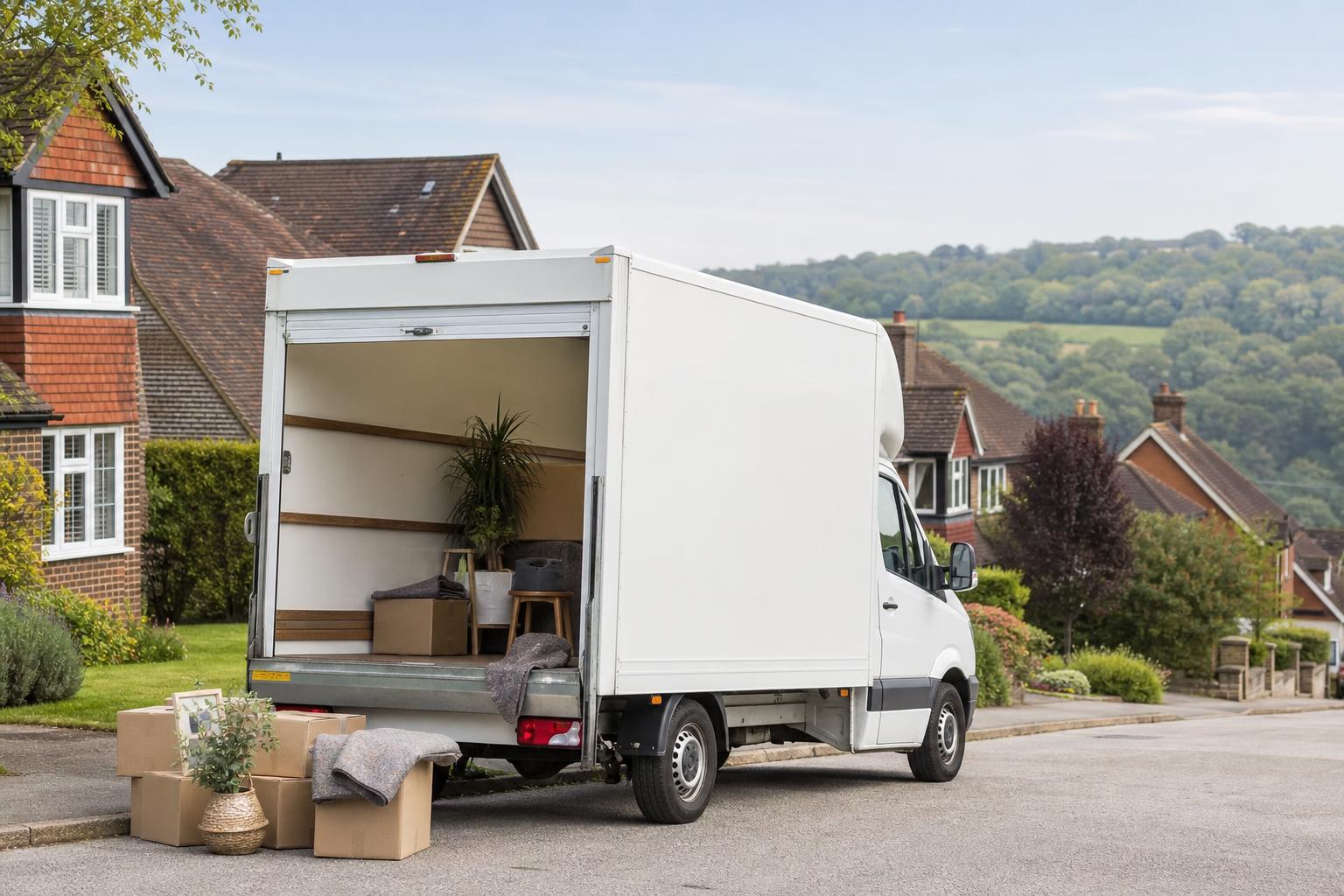 Luton hire van being loaded with moving boxes on a residential street in a Reigate-style neighbourhood