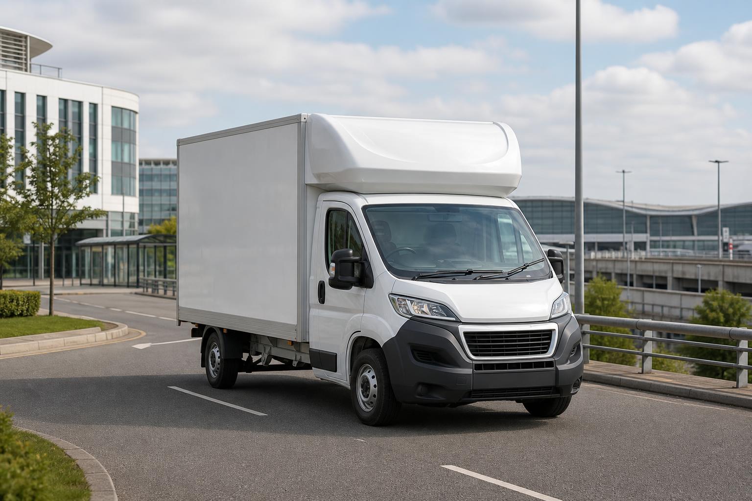 White Luton hire van on a road near a Gatwick-style airport business area