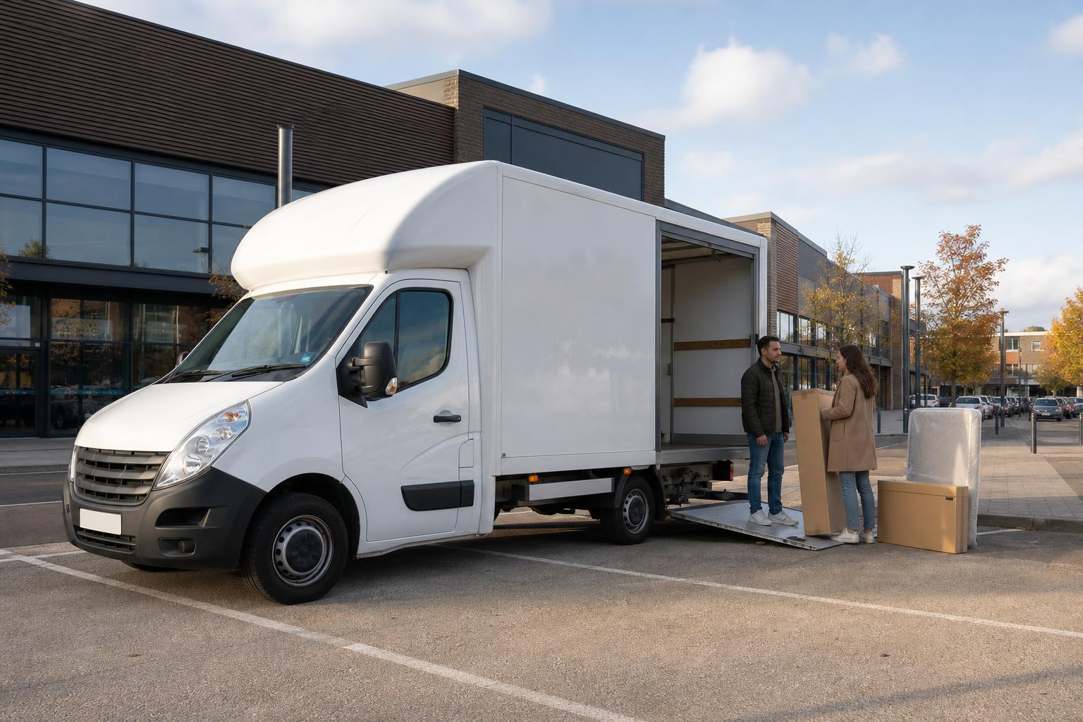 White Luton van ready for a retail pickup in a Redhill-style town centre setting