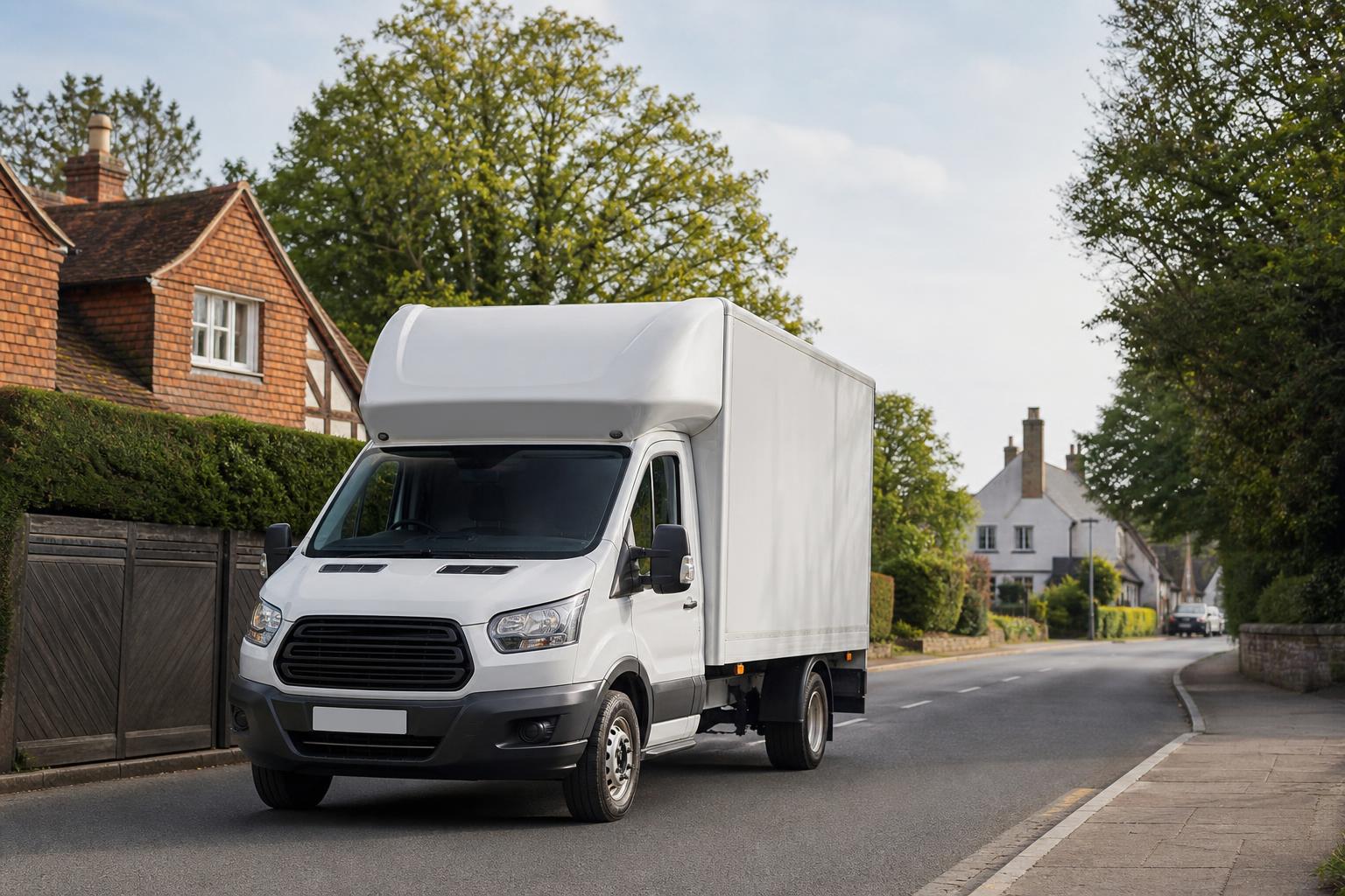 White box hire van on a quiet road in an East Grinstead-style semi-rural setting